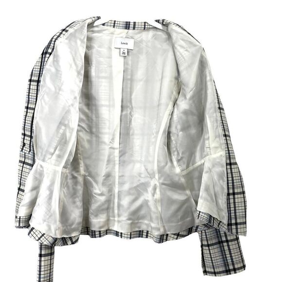 LEWIT Check plaid virgin wool raw edge peplum blazer jacket Sz M - Picture 10 of 11